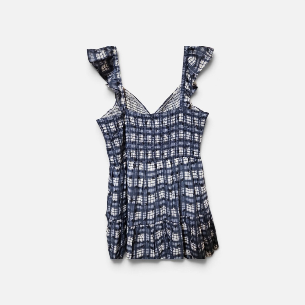 No Boundaries Blue White Plaid Smocked Ruffle Strap Sleeveless Romper NWT 0595